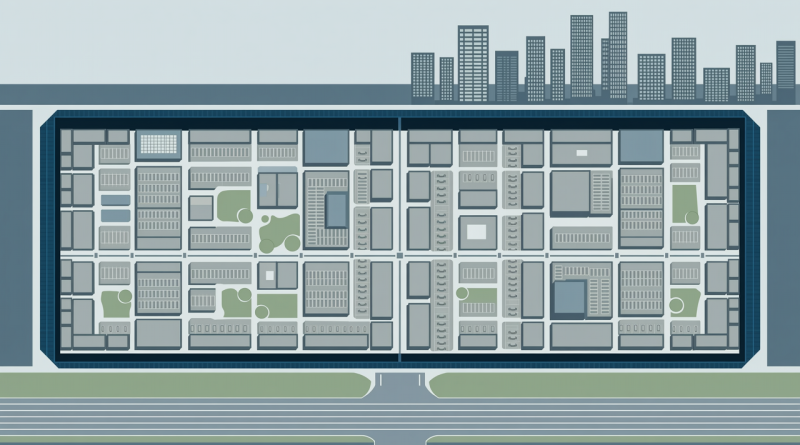 原创插画：柬埔寨大型园区建筑群与城市天际线示意