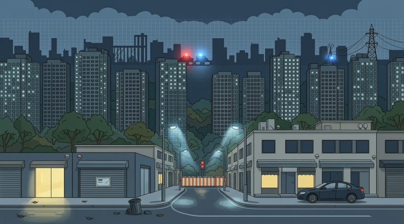 森林城市高层住宅与商业街区插画，表现诈骗与非法商业争议下的复兴挑战