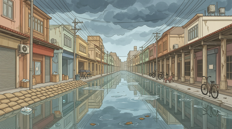 曼谷低洼街区暴雨后积水场景的编辑插画