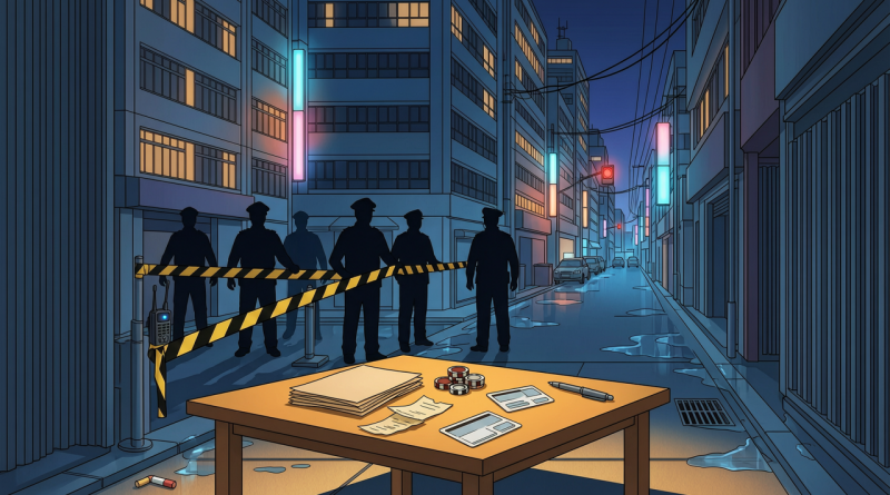 香港警方捣毁越南人主导高利贷集团的编辑性插画，示意警方封锁现场与借贷、赌博、伪造证件等物品
