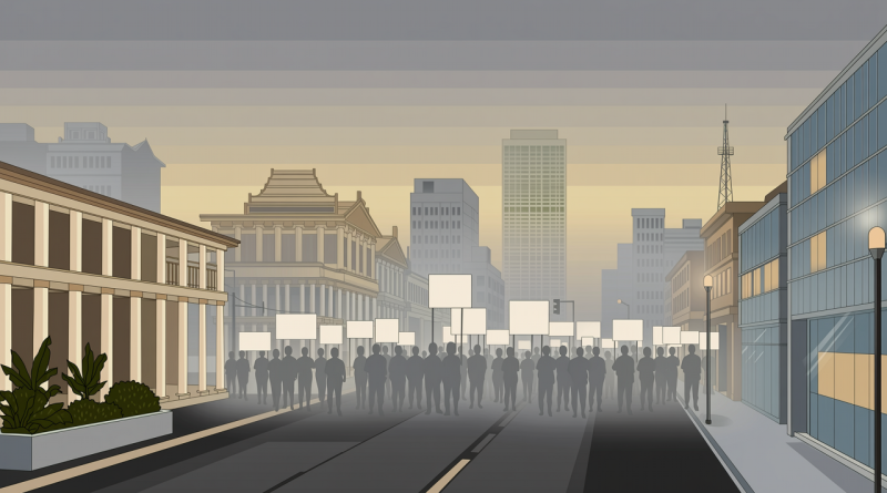 印尼城市烟霾下的示威场景编辑插画