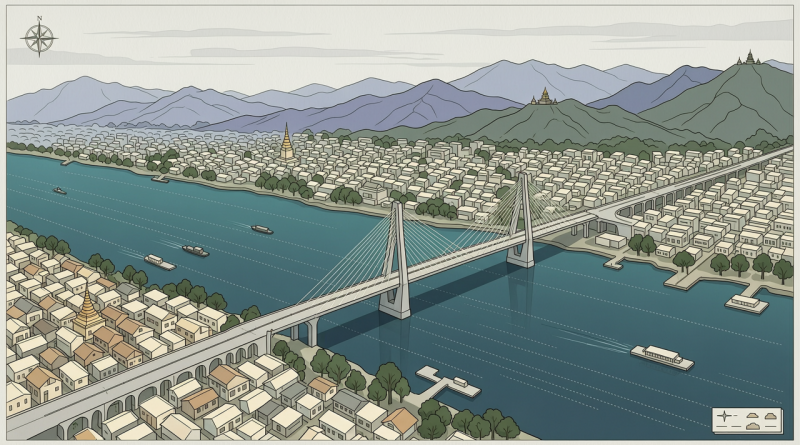 原创插画呈现琅勃拉邦跨湄公河大桥规划建设场景