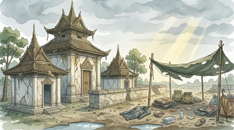 插画表现缅甸实皆省一座寺院园区在空袭后受损的情景，周边有简易避难设施。