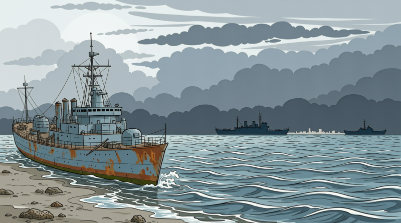 坐滩军舰在浅滩上的编辑插画，远处船只与海浪
