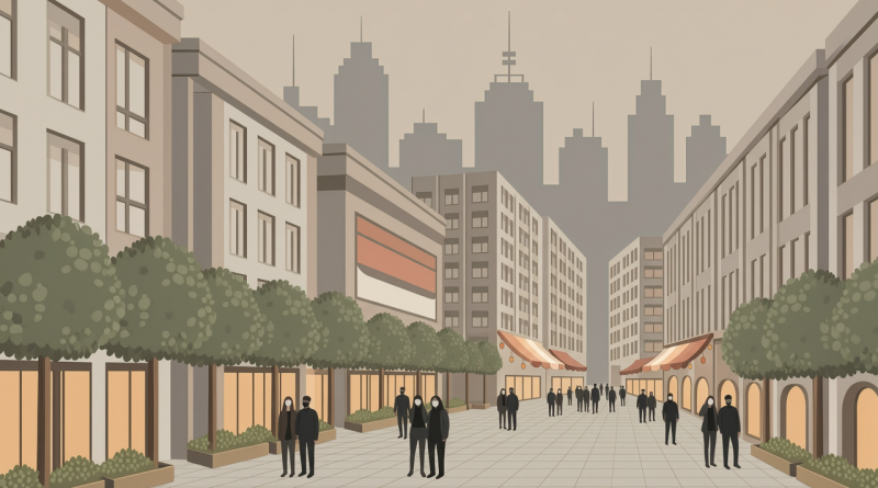 雾霾笼罩下的城市天际线与佩戴口罩的行人编辑插画