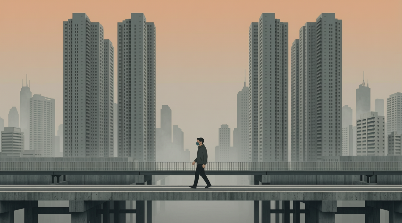 雾霾笼罩下的新加坡城市景观与佩戴口罩的行人（编辑插画）