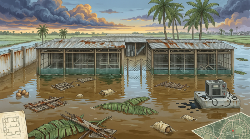 泰国洪灾后蛋鸡养殖场被淹的编辑插画