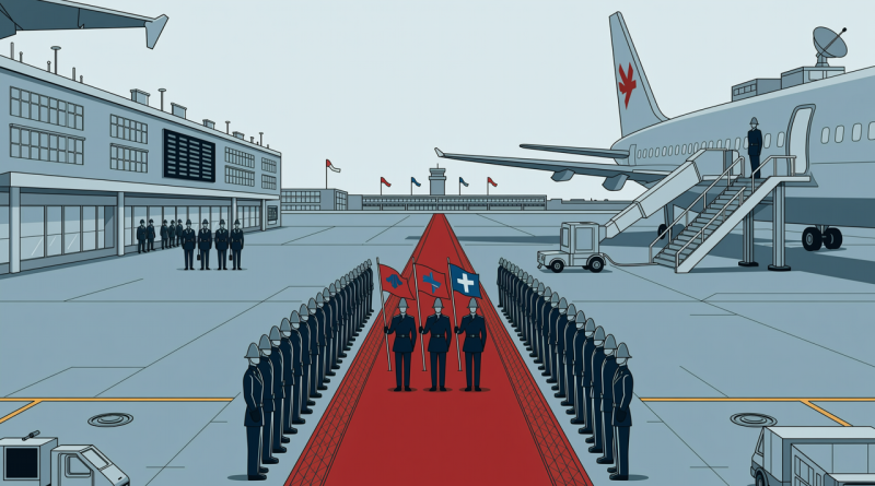 哥本哈根机场外交欢迎仪式插画，含红毯、仪仗队与两国国旗