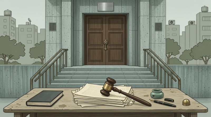 老挝法院外观与法律文书的编辑插画，象征万象省法院宣判毒品与谋杀案件