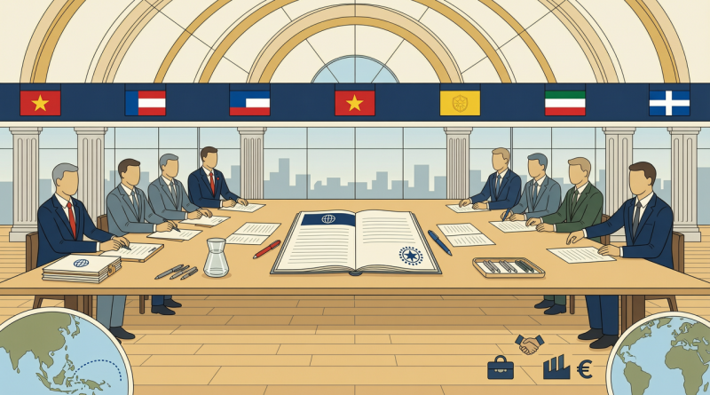 越南与欧洲自由贸易联盟四国自贸协定签署场景编辑插画