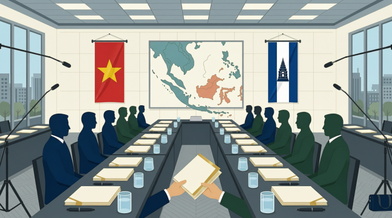 编辑插画：越南与柬埔寨双边会谈桌旁陈列合作文件，两侧摆放两国国旗